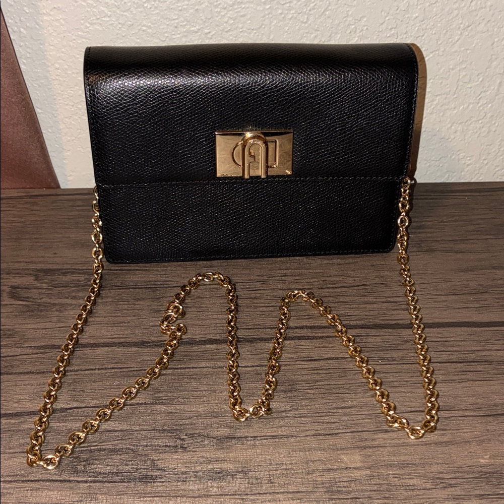 Furla 1927 Black Leather Clutch with Gold Chain - Picture 2 of 5
